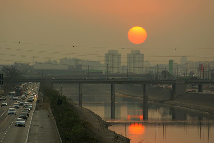 Sao Paulo, marginální tietê, městský, západ slunce, město, kontrast, večerní doba