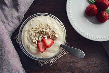 krém, eper, fehér, kerámiai, tál, joghurt, gyümölcs, vanília, élelmiszer, egészséges, táplálás