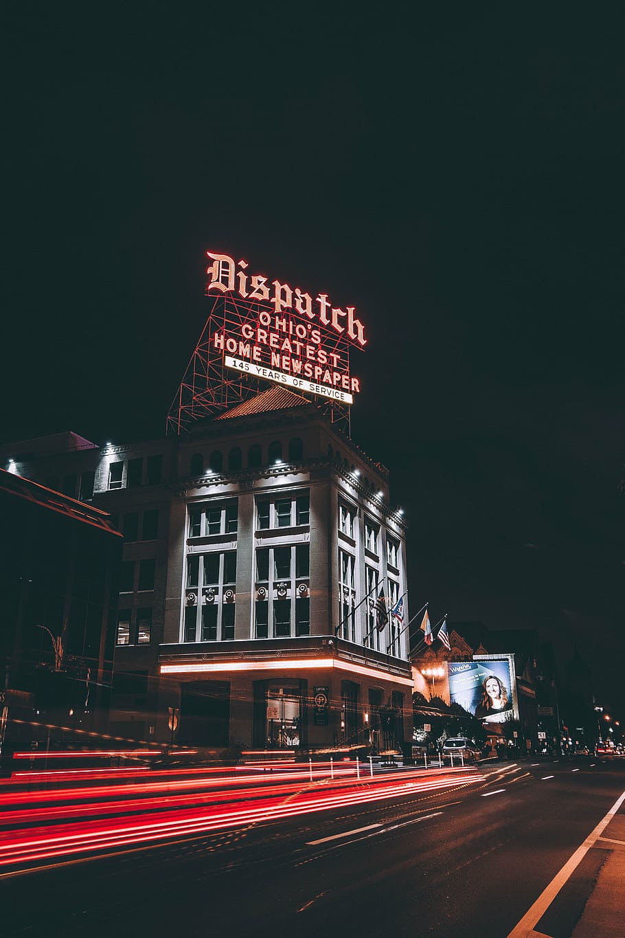 dispatch building, road, architecture, billboard, building, city, dark, dusk, evening, flags, illuminated