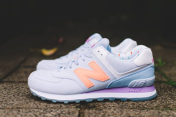 pair, white-and-purple, new, balance, running, shoes, gray, pavement, shoe, footwear, travel