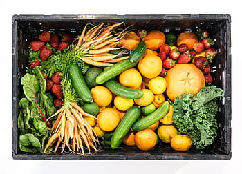 assorted, vegetable, black, crate, fruit, vegetables, box, healthy, food, strawberries, cucumbers