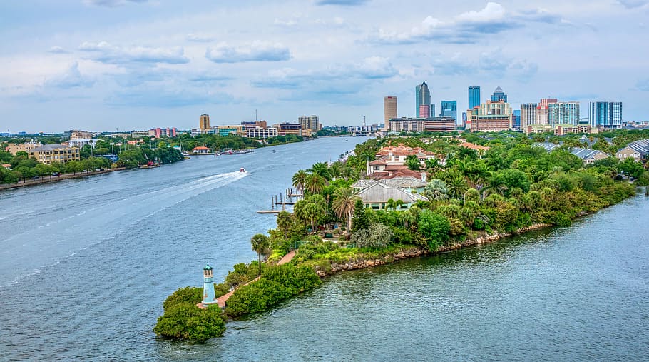 tampa bay, florida, city, skyline, cityscape, skyscrapers, buildings, usa, landscape, light house, nature