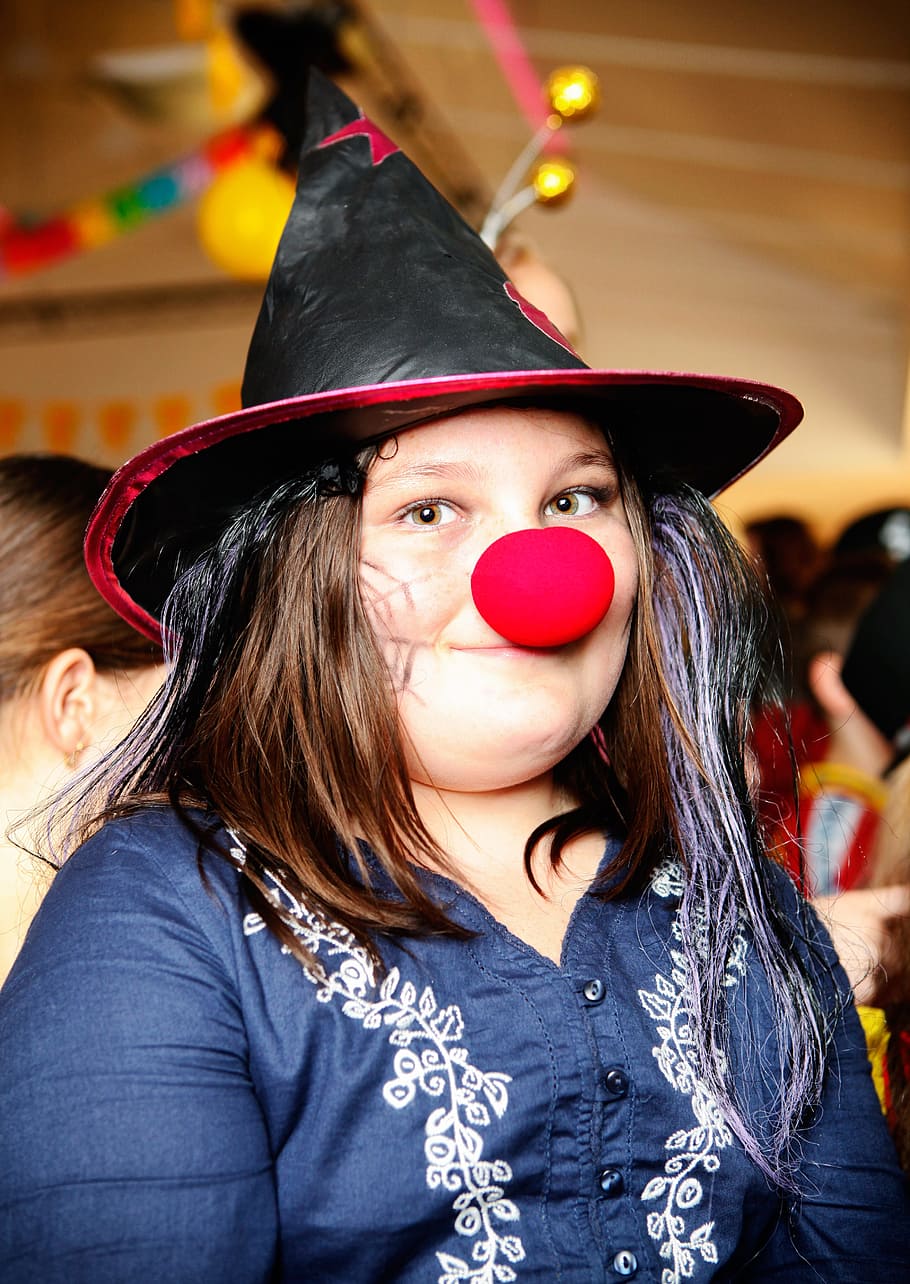 child, carnival, masquerade, hag, witch, mask, hat, nose