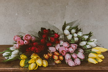 assorted-color tulip flowers bouquets, brown, wooden, surface, assorted, colors, flowers, bouquets, table, near, wall