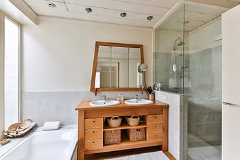 Marrone, di legno, rack da bagno, Lavello, bagno, mobili in legno, doccia, vasca moderna, decorazione, bagno domestico, in casa
