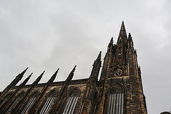 fotografování s nízkým úhlem, hnědý, budova, zavřít, fotografování, šedá, beton, kostel, architektura, hodiny, nebe