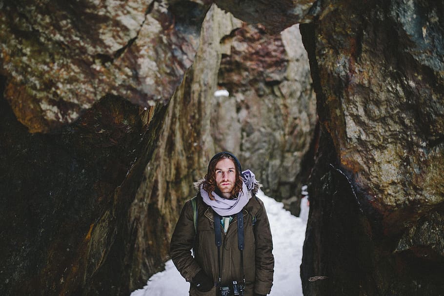 rocks, cave, snow, winter, cold, weather, people, man, guy
