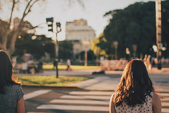 two, woman, walks, pedestrian, lane, people, walking, street, road, back, women