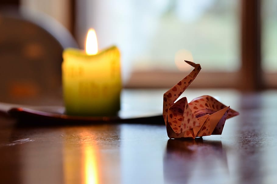 origami near candle, candle, casserole, decoration, table, bokhen, folding, origami