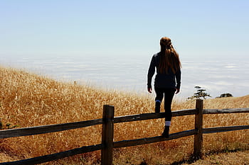 woman, standing, brown, wooden, fence, field, women, s, front, beach, yellow