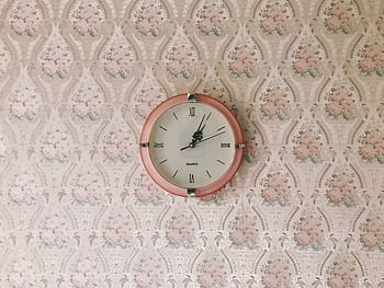 둥근 복숭아 색, 액자, 아날로그 시계, 1:04, 일주, 주황색, 벽, 시계, 시각, 원, 미술