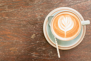 cafe latte, teacup, spoon, food, drink, cup, mug, coffee, art, teaspoon, warm
