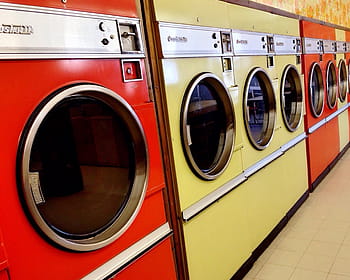 red, yellow, front-load clothes dryers, laundromat, washer, dryer, machine, washing, laundry, retro, vintage