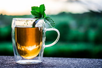 clear glass mug, teacup, cup of tea, tee, drink, hot, peppermint tea, peppermint leaves, enjoy, theine, benefit from