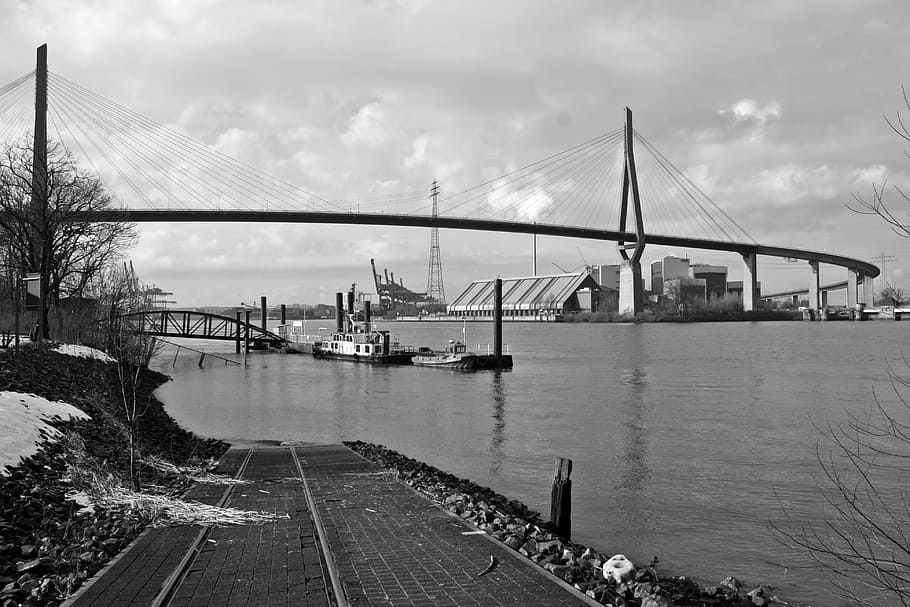 river, bridge, waters, transport system, suspension bridge, nice place, köhlbrand bridge, harbour cruise, port motifs, hamburgensien, black and white