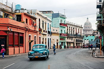 modrý, auto, beton, budov, během dne, kuba, oltimer, Havana, staré auto, klasický, starý