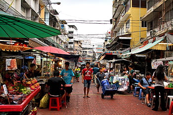 massa, berjalan, pulau, dikelilingi, toko, berdiri, di samping, bangunan, Pasar, Orang, Pekerjaan