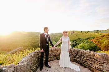 couple, standing, castle edge, people, man, woman, love, romance, wedding, bride, groom