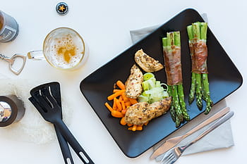 chicken steak, vegetables, beer, Chicken, steak, asparagus, healthy, meat, top view, food, meal