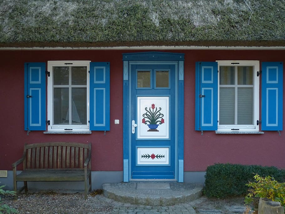 ahrenshoop, zingst, home, door, input, wood, relief, flowers, bouquet, thatched roof, window