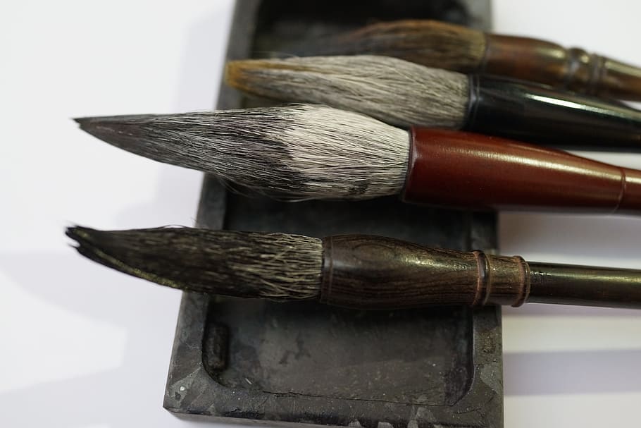 detailní, fotografování, čtyři, béžový, hnědý, dřevěný, štětce, čínské kaligrafie štětce, estetický, umělecký výraz, velmi vážený
