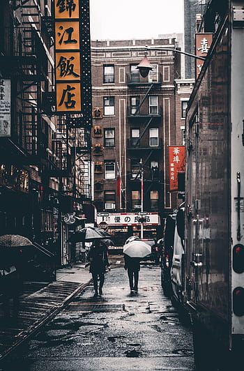 chinatown, walking, street, rain, wet, urban, alley, buildings, architecture, people, umbrella
