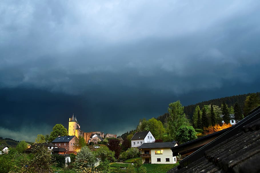 thunderstorm, castle, forward, clouds, sky, storm, flash, weather, nature, rain, night