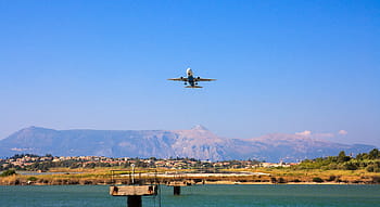 bianca, aereo di linea, prendere, volo, giorno, aereo, corpo, acqua, blu, cielo, montagna