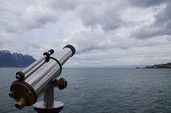 close-up photography, telescope, body, water, white, clouds, sea, ocean, waves, nature, horizon