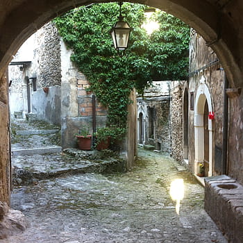 oblouk, stěny, světla, středověké vesnice, navelli, abruzzo, architektura, starý, ulice, alej, město