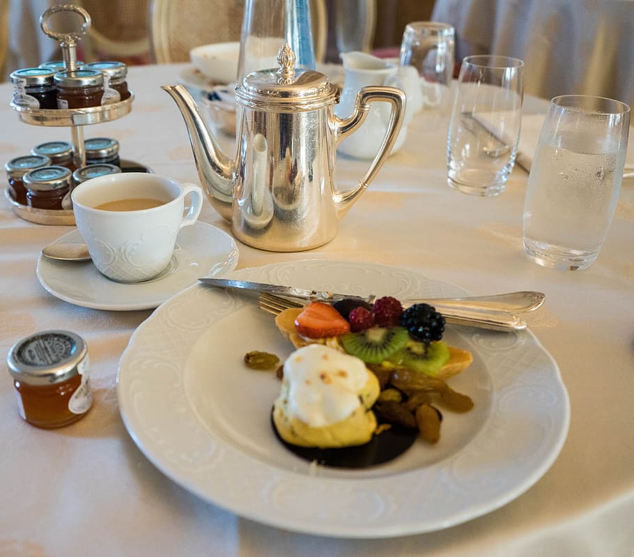 pečivo, bílý, keramický, deska, snídaně, luxus, Itálie, hotel, jídlo, služba, stůl
