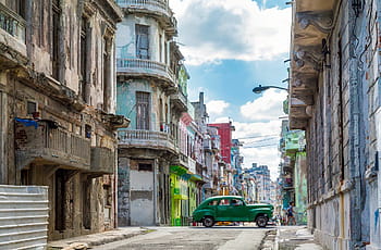 zelená, auto, dva, hnědý, beton, budov, během dne, Havana, kuba, město, městský
