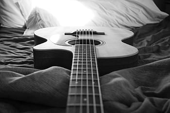 black and white, guitar, string, music, acoustic, instrument, bed sheet, pillow