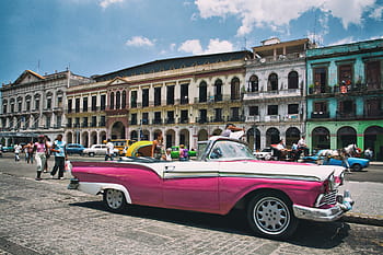 růžový, cadillac auto, sedí, barvitý, vibrující, ulicích, neoficiální, hlavní město, Amerika., obraz, zachytil