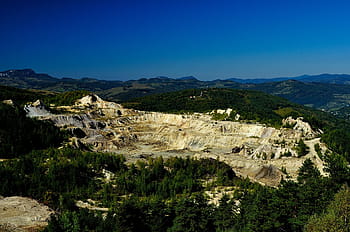 aerial, view, mountains, blue, sky, daytime, gold mine, mine, mining, industry, rock