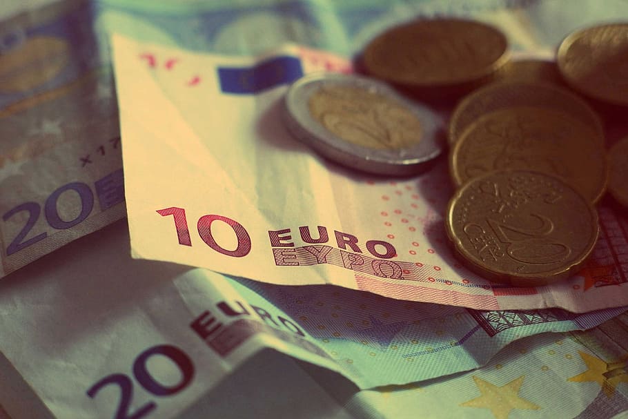 assorted coins, money, euros, banknotes, bills, coins, currency, change, finance