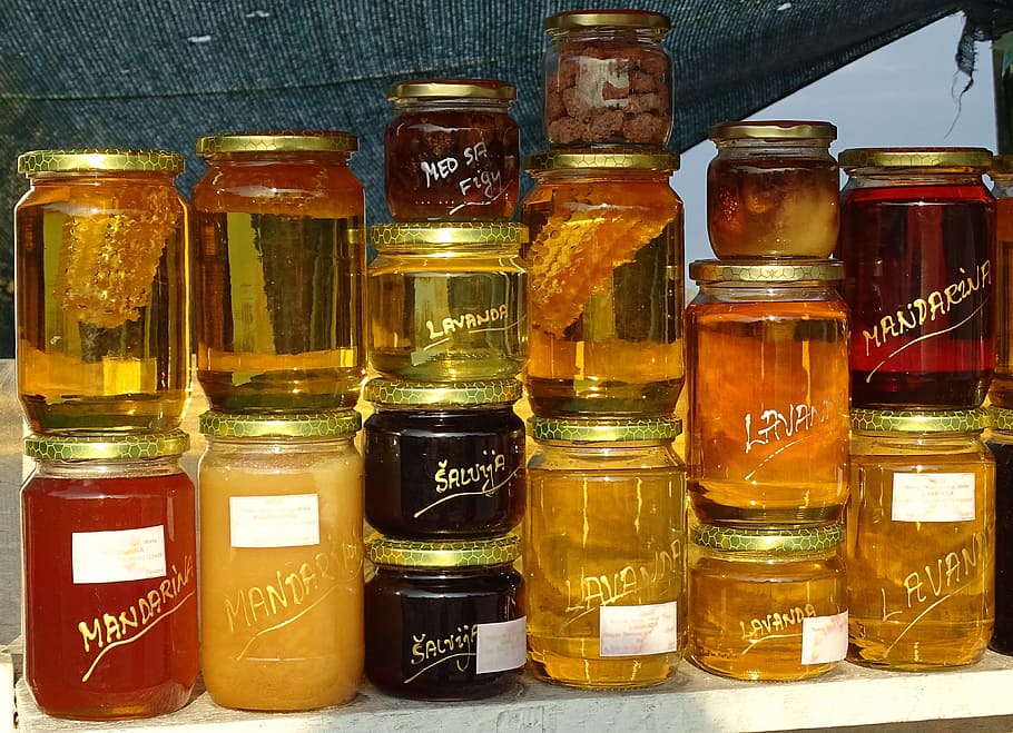naplněné, různé barvy jar hodně, Miláček, sklenice na med, sklenka, trh, jídlo, jíst, cukr, sladidla, sladký