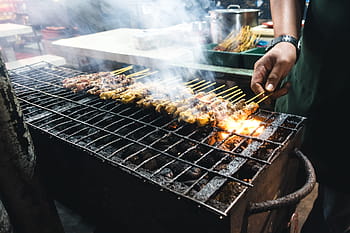 grilování kuře satay, grilování, satay, asijský, kuře, ruce, maso, proces, Thajsko, vaření, jídlo