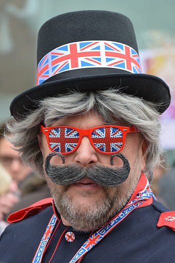 muž, nošení, uk vlajka, horní, čepice, sluneční brýle, venku, karneval, lidé, Spojené království, obleč se