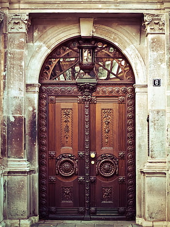 hnědý, dřevěný, reliéfní, dveře, beton, budova, ozdoby, vstup, ornament, architektura, vchod do domu