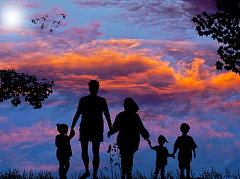 silhouette, famiglia, tramonto, vacanza, insieme, tempo libero, estate, bambino, umano, cielo, recupero