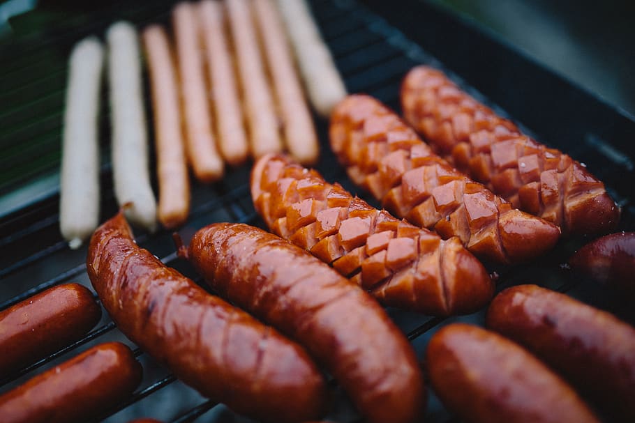 klobása, jídlo, kielbasa, gril, grilování, kuchařka, oheň, plamen, vepřové, klobásy