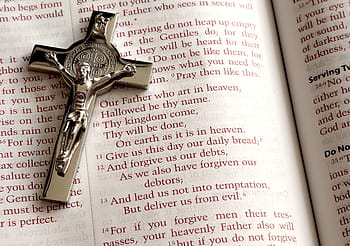 silver-colored crucifix, top, printed, book, bible, rosary, prayer, pray, holy, christianity, cross