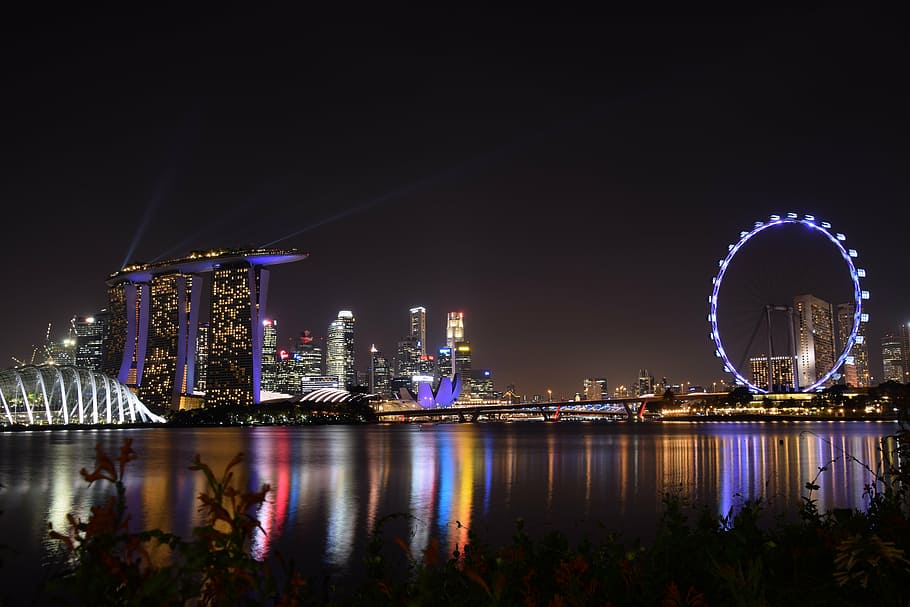 panorama města Londýn, noc, marina bay, zahrada u zálivu, singapore, zahrada, barvitý