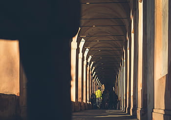 lidé, chůze, chodba, muž, sama, architektura, budova, zřízení, slunce, stín, pilíř