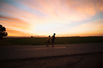 two, boys, running, road, golden, hour, person, walking, street, sunset, dusk