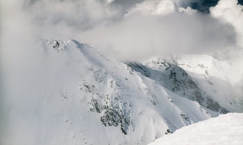 雪、 覆われた、 山、 囲まれた、 霧、 白、 曇り、 空、 昼間、 冬、 風景