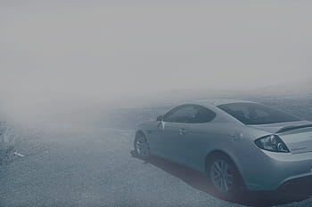 coupé d'argento, parcheggiata, nebbioso, campo, auto, veicolo, mezzi di trasporto, strada, viaggio, avventura, nebbia