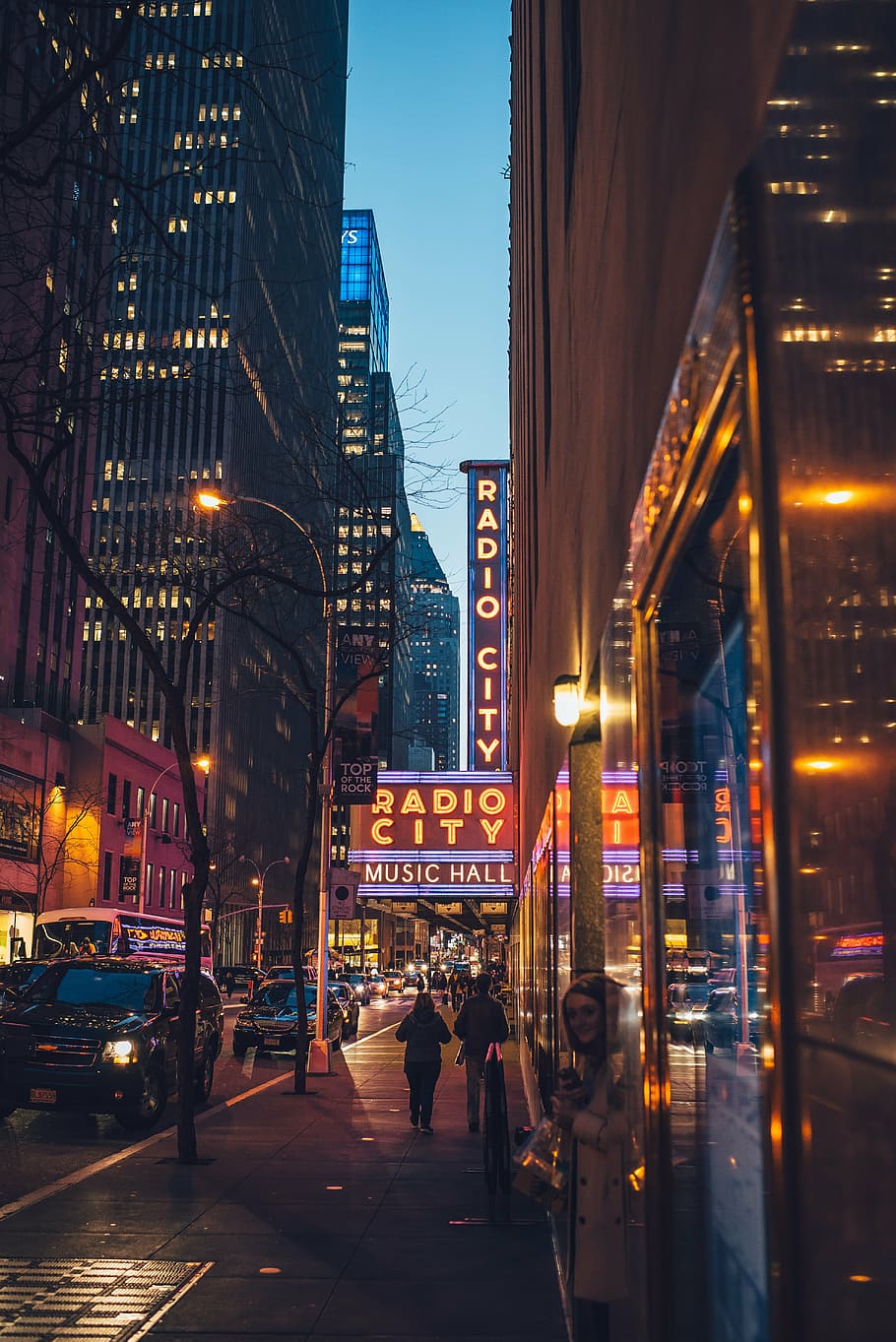 photograph, radio city music hall, nighttime, architecture, bridge, broadway, building, business, city, cityscape, downtown