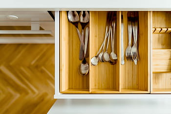 gray, steel utensils, beige, wooden, organizer drawer, house, kitchen, interior, utensils, spoon, fork